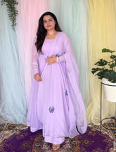 Party wear purple anarkali with embroidered dupatt